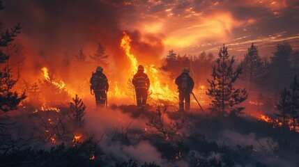 Fototapeta premium Courageous Firefighters Battling Raging Forest Fire at Dusk