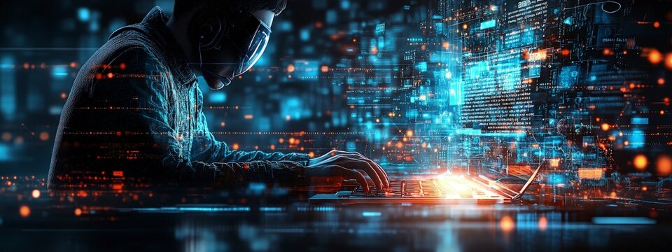 Hacker typing on a keyboard, screen filled with social network data, dimly lit room, soft blue lighting