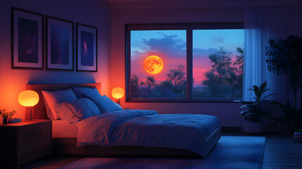 A cozy bedroom with a large window overlooking a beautiful full moon rising over the horizon.