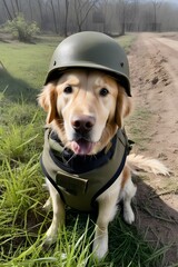 Golden Retriever  dog in world war 3 wearing protection armor. survival for fittest. Generative AI