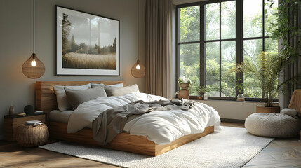 A cozy bedroom with a large window overlooking a lush green garden, featuring a wooden bed, a white duvet, and a large framed print of a landscape scene.