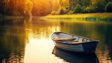 Obraz premium A serene boat floating on calm water during sunset, surrounded by lush greenery.