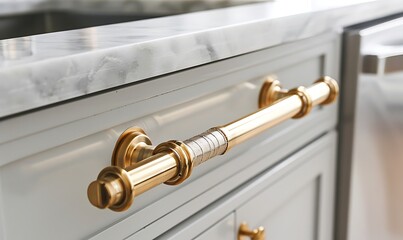 golden door handle on a wooden door, closeup of photo