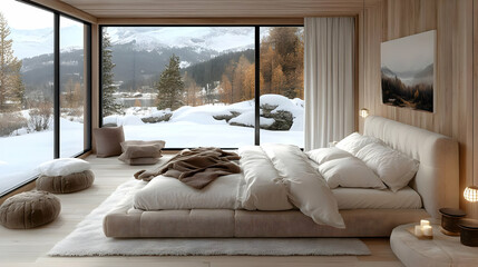 A cozy bedroom with a large window overlooking a snowy mountain landscape.
