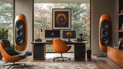 Modern workspace featuring stylish speakers and a sleek desk setup.