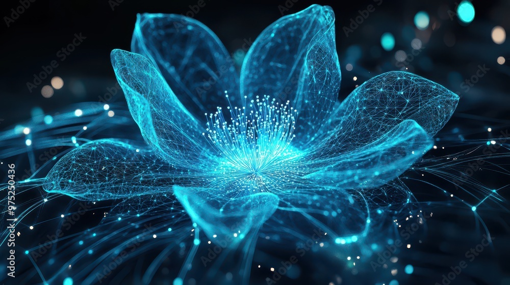 Wall mural A luminous blue flower with glowing lines emanating from its center, symbolizing connectivity and the flow of information in a futuristic digital landscape