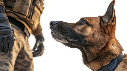 A working dog attentively listens to its handler, showcasing the bond between trainer and canine partner in a tactical setting.