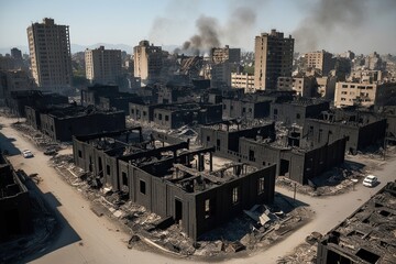 Devastated Urban Landscape of Scorched Buildings After Military Attacks
