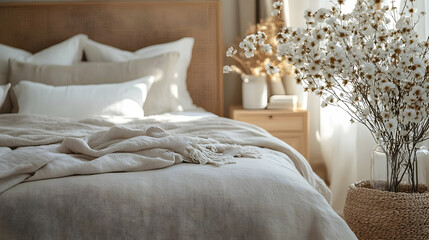 A cozy bedroom with a linen bedspread, a white vase with dried flowers, and a wooden nightstand.
