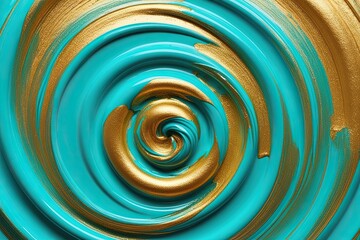 Vibrant Turquoise and Gold Acrylic Swirl Artwork on White Background