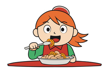 Girl eating spaghetti, vector illustration on white background.