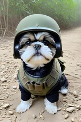 Shih Tzu dog in world war 3 wearing protection armor. survival for fittest. Generative AI
