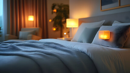 A cozy bedroom with a warm glow from bedside lamps and a soft, fluffy blanket.