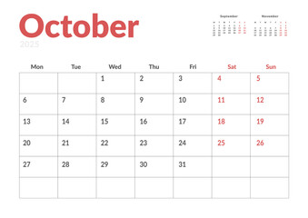 Monthly page Calendar Planner Template of October 2025. Vector layout of calendar with week start Monday for Scheduling. Page for size A4 or 21x29.7 cm