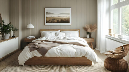 A cozy bedroom with a white bed, brown blanket, wooden bedside tables, and a large window with natural light. The walls are beige and there is a framed landscape picture above the headboard.