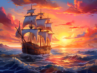 Obraz premium Excellent A painting of a sunset with sailboats in the water