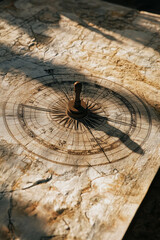 A sundial rests on an ancient map, casting shadows that mark passage of time. intricate design and warm tones evoke sense of history and exploration