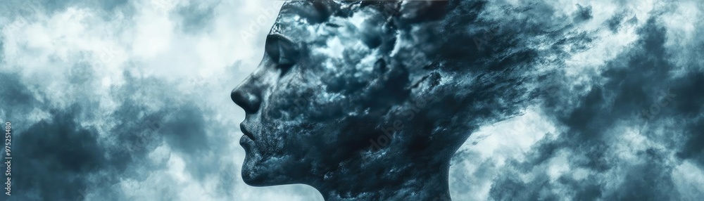 Poster a surreal representation of a human profile merging with cloud patterns, symbolizing thoughts and im