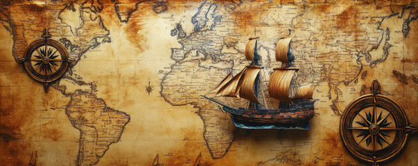 Fototapeta premium A vintage map featuring compass roses and an old ship evokes sense of adventure and exploration. intricate details of map and ship transport viewers to time of discovery