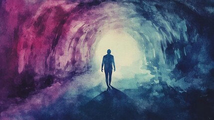 Obraz premium A mysterious figure walks toward a bright light at the end of a colorful tunnel, symbolizing exploration and transition.