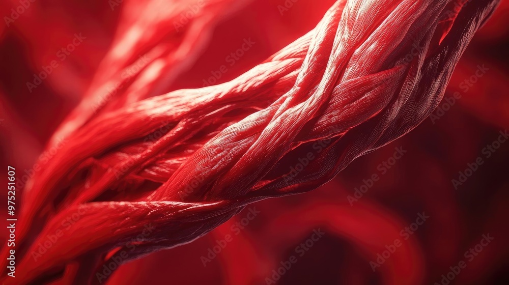 Poster close-up of intertwining red strands, showcasing texture and depth, perfect for medical or artistic 