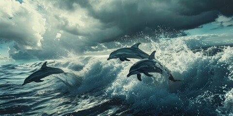 Fototapeta premium Playful dolphins gracefully swimming in the vast ocean waves, showcasing their beauty against a backdrop of cloudy skies.