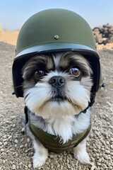 Shih Tzu dog in world war 3 wearing protection armor. survival for fittest. Generative AI