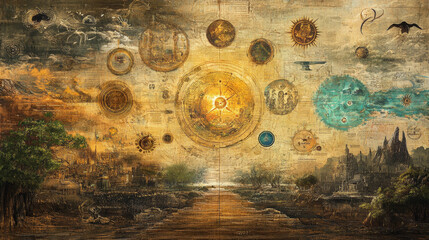 Naklejka premium A detailed map overlaid with symbols representing major locations and celestial elements, showcasing blend of nature and ancient architecture. artwork evokes sense of exploration and wonder