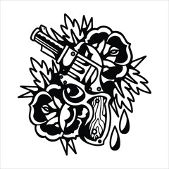 rose gun tattoo illustration design
