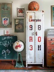 Vintage locker with worn paint and red numbers against white wall with eclectic decor.