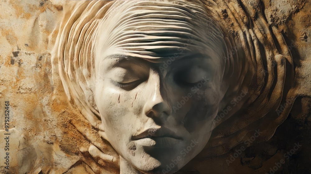 Poster A close-up view of a sculpted face, showcasing intricate details and textures, set against a natural stone backdrop.