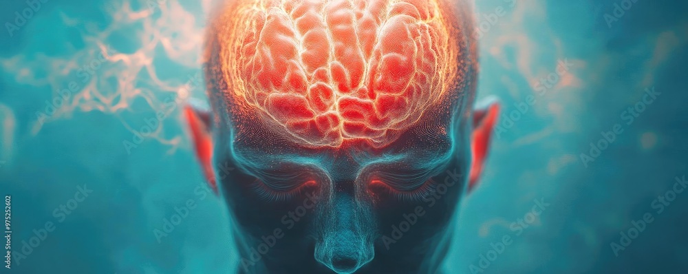 Poster a conceptual image depicting a glowing brain inside a human head, representing intelligence and crea