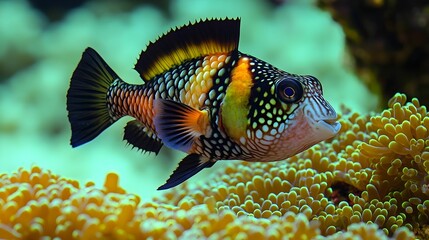 Fototapeta premium A colorful fish is swimming in front of a yellow coral