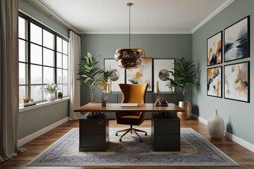 Fototapeta premium Cozy Modern Home Office Mock Up with Artistic Interior and Chic Design