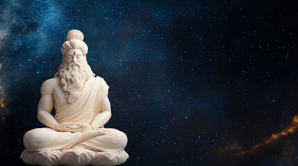 Fototapeta premium A serene white statue of a wise sage meditating against a cosmic starry background, symbolizing peace and spirituality.