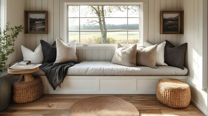 A cozy window seat with plush pillows and a woven rug in a modern farmhouse style living room.