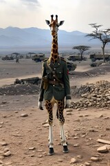 A giraffe dressed in military uniform stands in a desert landscape. Generative AI.