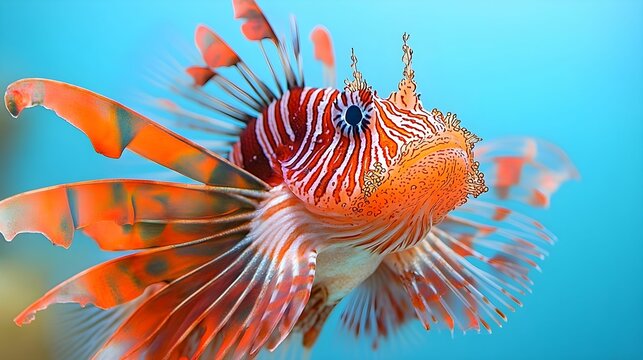 A fish with orange and white stripes is swimming in the ocean