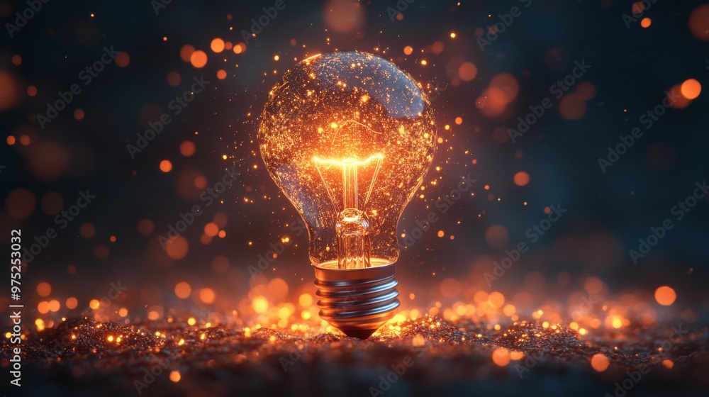 Poster bursting creativity - lightbulb exploding into glowing particles