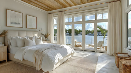 A large bedroom with a king size bed, white bedding, and a large window overlooking a body of water with lush trees beyond.