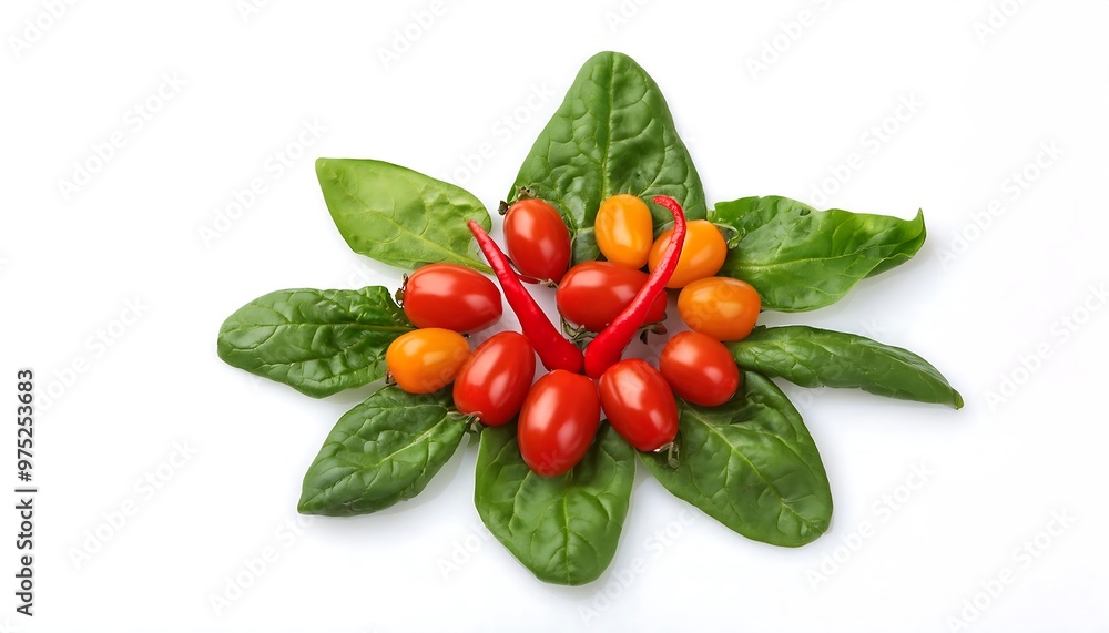 Wall mural Fresh Red and Yellow Tomatoes with Red Chilli Pepper and Green Spinach Leaves on White Background