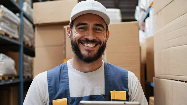 Happy Warehouse Worker With Tablet