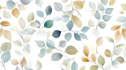 Fototapeta premium A continuous watercolor pattern of delicate leaves in green, blue, light brown, and gray, flowing seamlessly on a white background