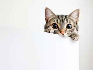 Cute cat hiding behind a whiteboard and looking up