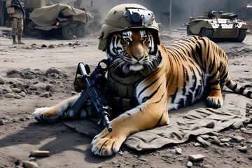 Tiger and gun in world war 3 wearing protection armor. survival for fittest. Generative AI