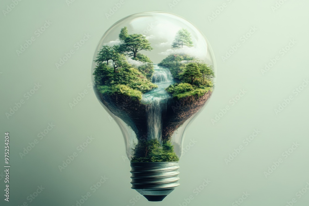 Poster illuminate your creativity: lightbulb with floating islands representing imaginative worlds