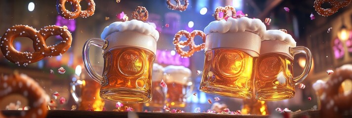 Fototapeta premium Cheerful 3D Bavarian Characters Celebrating with Beer Mugs and Pretzels in Festive Environment