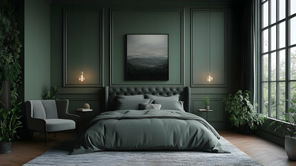 A luxurious bedroom with a king-sized bed, green walls, and large windows overlooking a lush green landscape. The room is decorated with a plush armchair, plants, and a framed photograph.