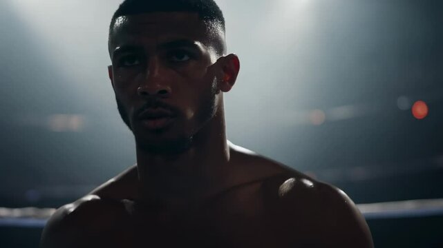 A boxer before a fight. He stares at his opponent, preparing for the fight. Unblinking, the boxer's eyes bore into his rival, a silent challenge. FHD video.