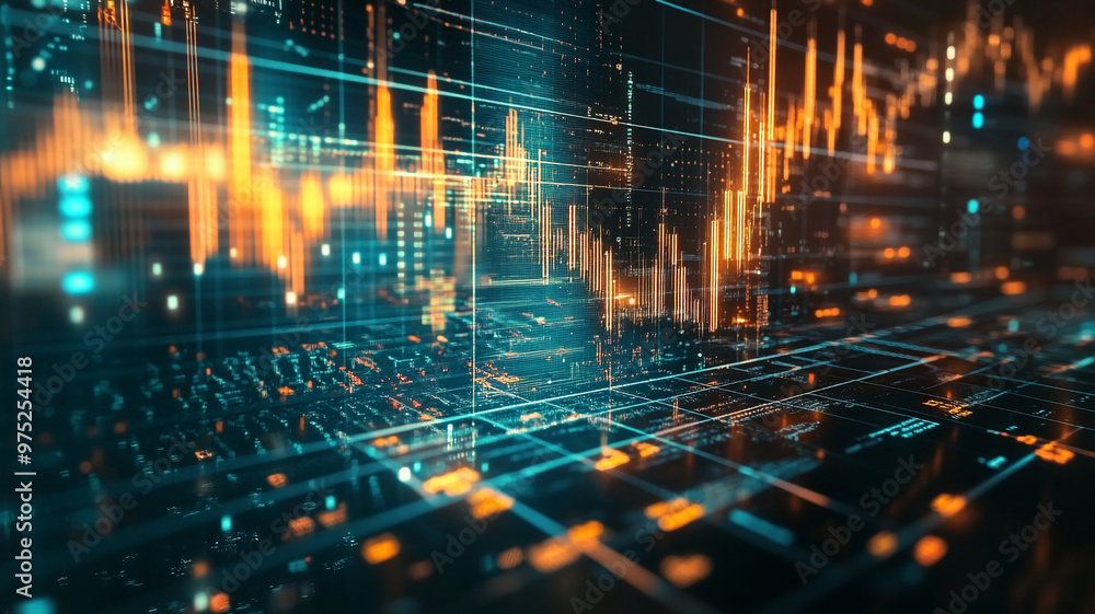 Poster abstract digital illustration of financial growth represented by rising graphs and data analytics